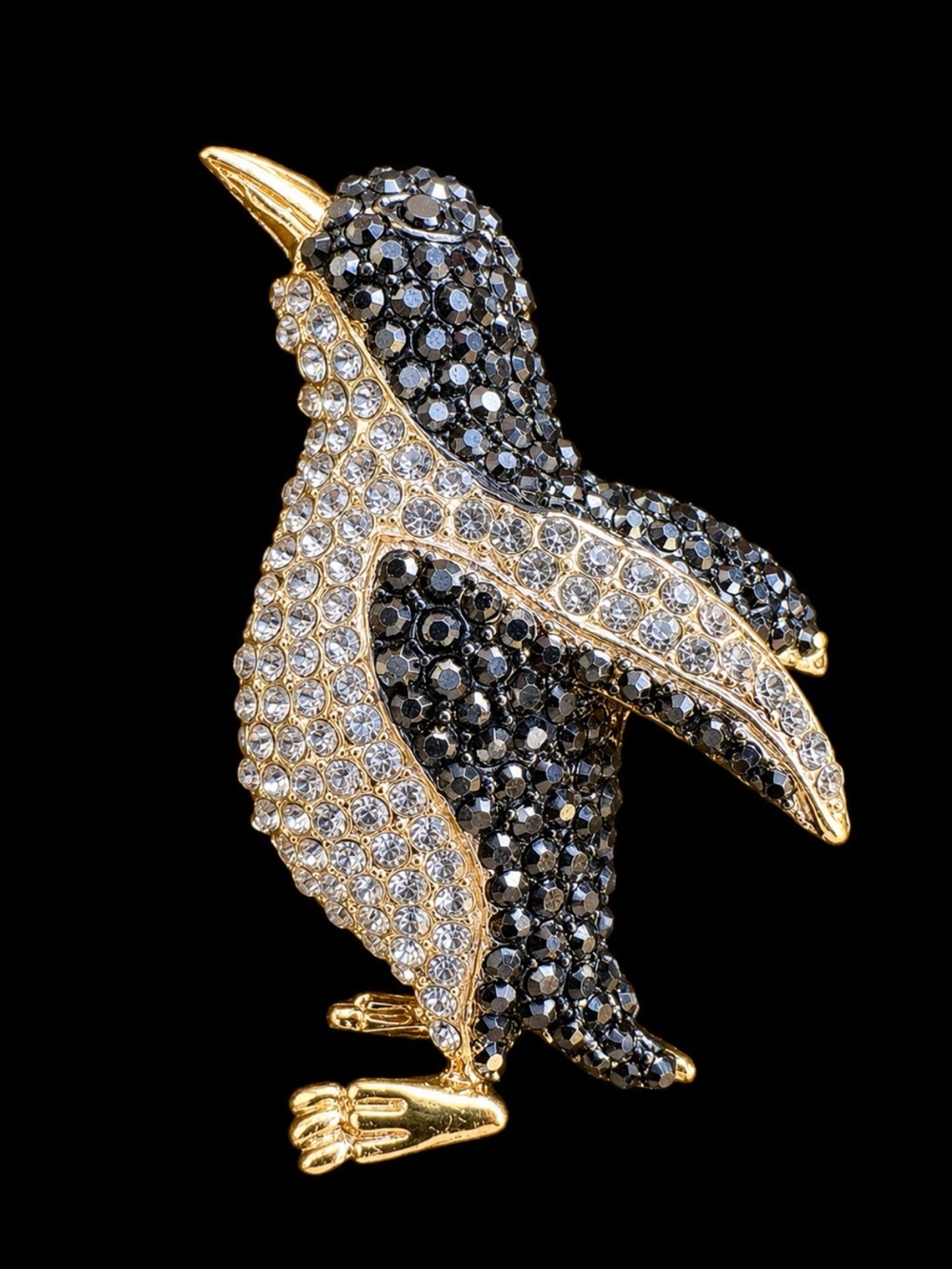 Crystal Penguin Bird Brooch - Gold Tone with Black and Clear Crystals